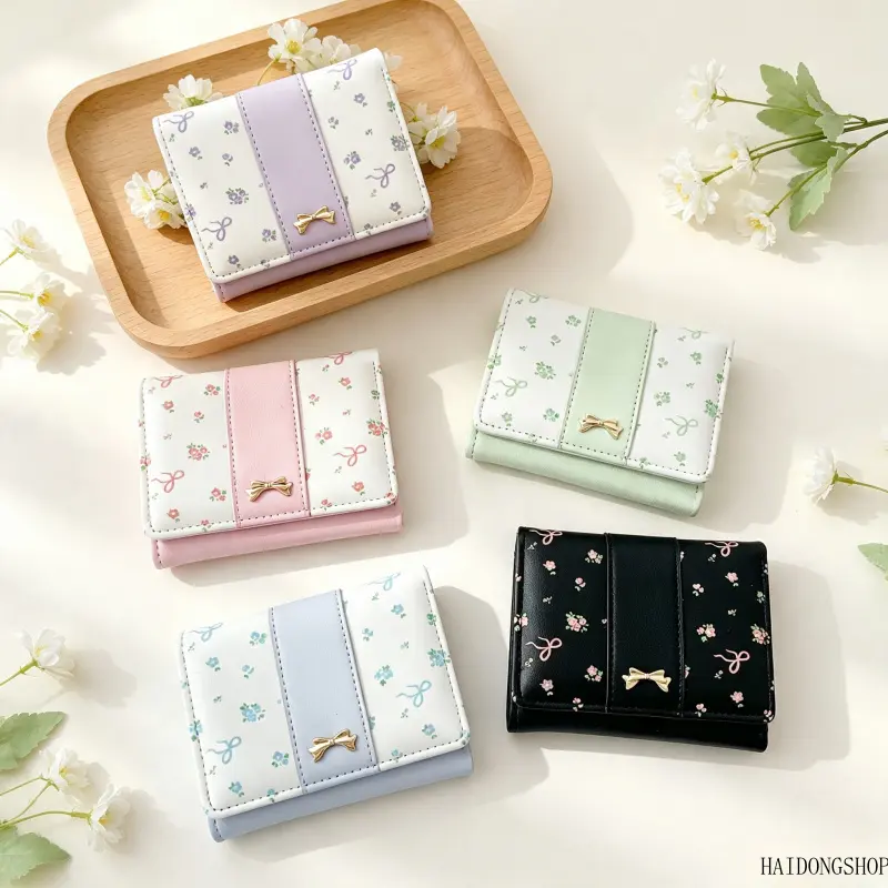 Viral Cottagecore Soft Girl Aesthetic Ditsy Floral Bow Tri-Fold Short Wallet For Women, Cute Compact Ladies Coin Card Purse, Trendy Accessory For Students Daily Shopping Casual Outdoor Outfit Styling