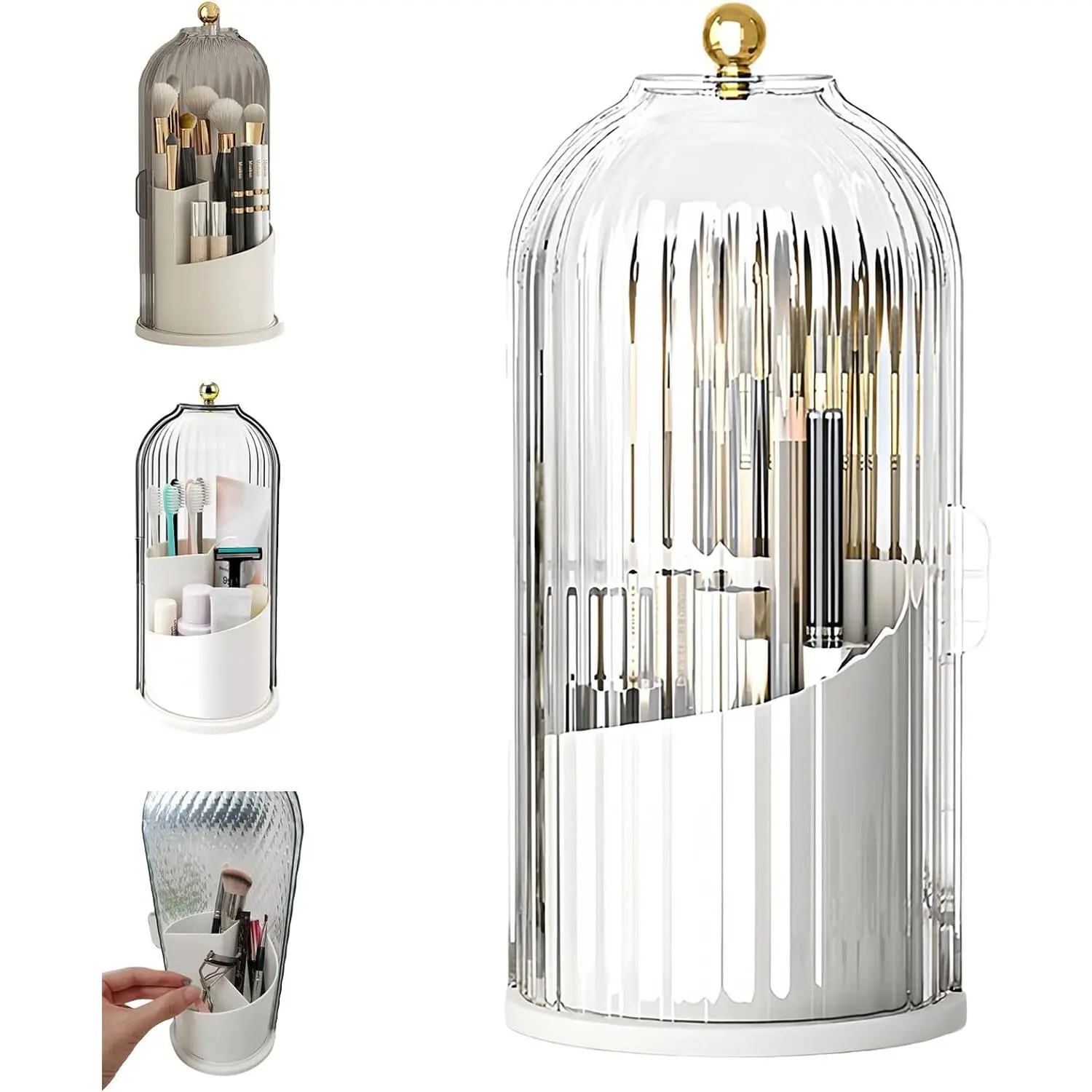 Concealed Toothbrush Holder, Rotating Bathroom Organizer Countertop, Toothbrush Holders with Cover, Bathroom Counter Organizer with Covered Makeup Brush Holder (1pcs White)