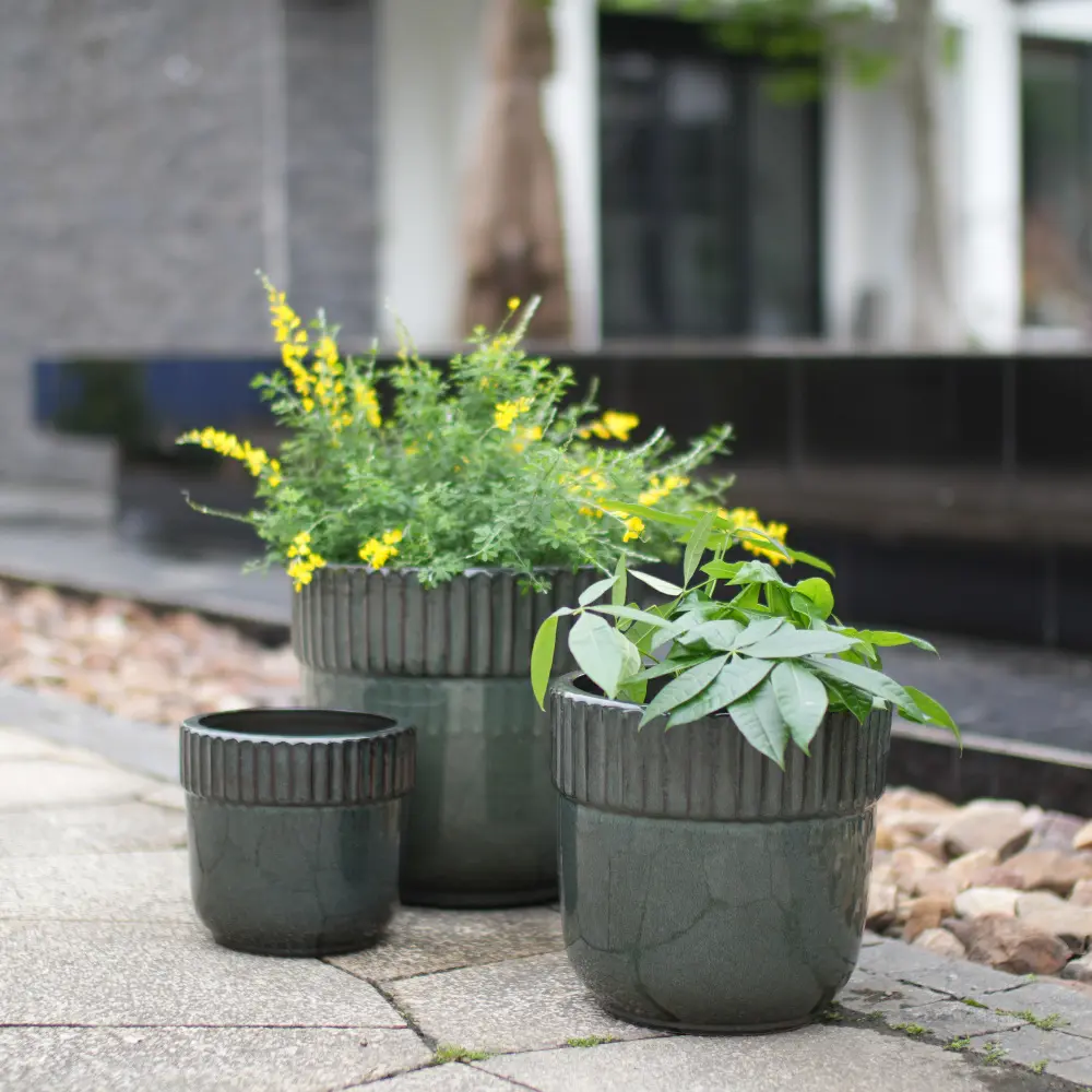 Littleox Handmade Ceramic Planter Set of 3, 15/12/9 Inch Diameter, Dark Green Vertical Ribbed Pattern, for Succulents Indoor/Outdoor Use on Windowsill & Bookshelf, Breathable Clay