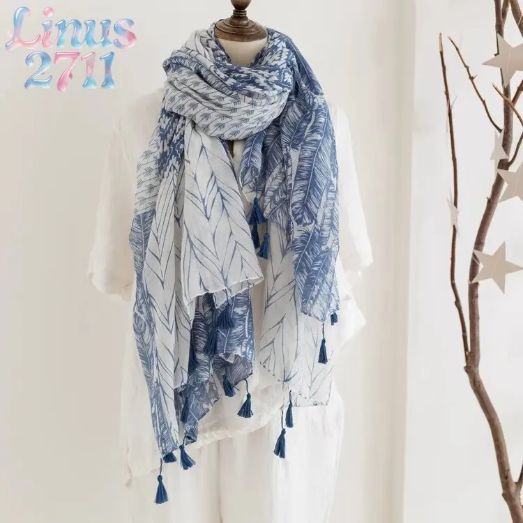 Blue Leaf Print Cotton Linen Tassel Scarf Lightweight Sun Protection Shawl Retro Ethnic Boho Women Spring Summer Beach Travel Casual Dress Matching Wrap