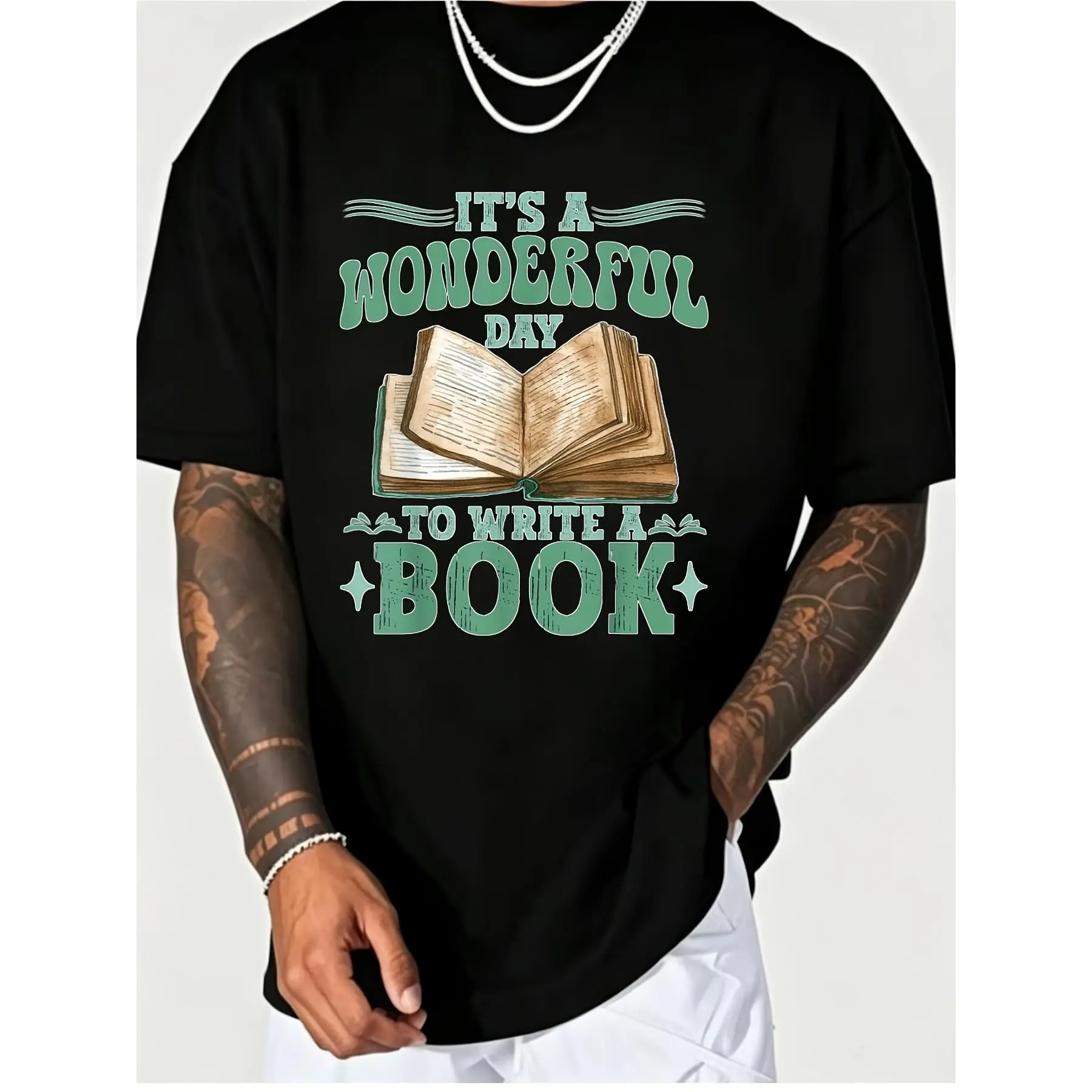 Men's 100% Cotton Retro Book-Themed Digital Print Short-Sleeve Crew Neck T-Shirt, Menswear Tops for Writers, Casual Machine-Washable Apparel with Author Book Graphics