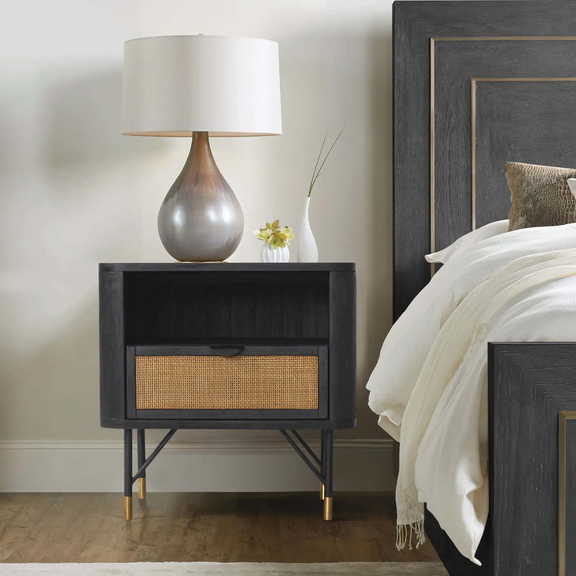 Nokaa Saratoga Boho Farmhouse Style Black Acacia Wood Nightstand - Rattan Door, Compact Storage Shelf, 1-Pack Indoor End Table for Bedroom, Living Room