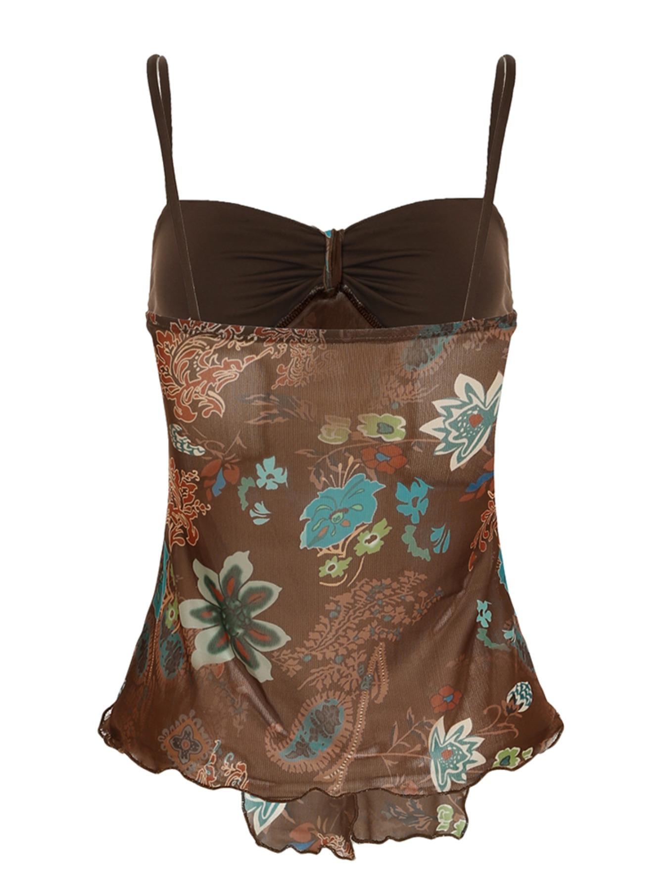 Women's Boho Fitted Sleeveless Square Neck Floral & Paisley Print Cami Top, Vintage Casual Sleeveless Spaghetti Strap Top for Summer, Women's Clothing for Daily Wear
