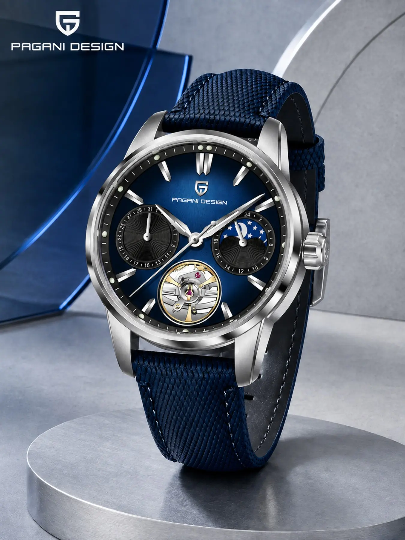 PAGANI DESIGN 2026 New Men's Automatic Mechanical Watch, 41mm Luxury Business Wristwatch, Moon Phase Display, Open Heart Mechanical Movement, Luminous Hands, 100M Water Resistant, Stainless Steel Case, Fashion Multifunction Watch for Men