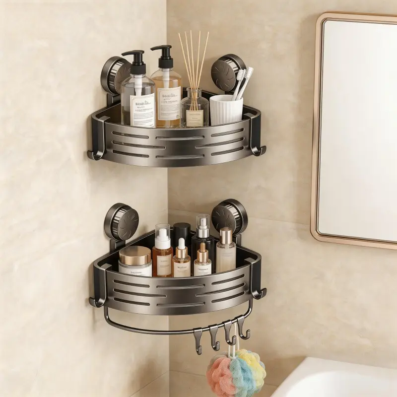 Bathroom Triangle Wall Mounted Bath Basket 2-Piece Set - Durable Plastic Grid Pattern, Compact, No-Drill Adhesive & Suction Cup Mount, Secure Fit, Space-Saving, Easy Remove & Rehang, Easy Installation Shower Accessories for Washbasin