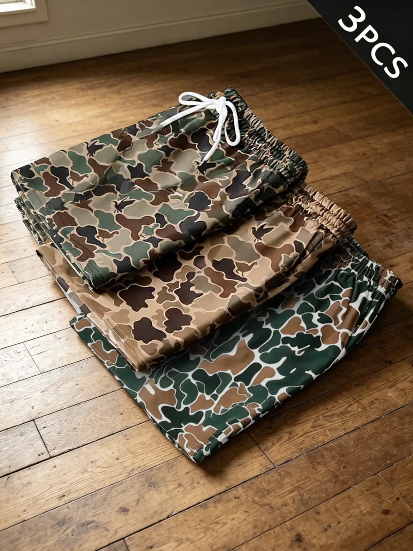 Men's 3-Pack Camouflage Shorts, Elastic Loose Shorts, Casual Streetwear Shorts, Drawstring Waistband Shorts, Drawstring Waist, Summer Casual Pants, Ideal for Outdoor Beach Activities, Baggy, Loose-Fitting, All Seasons