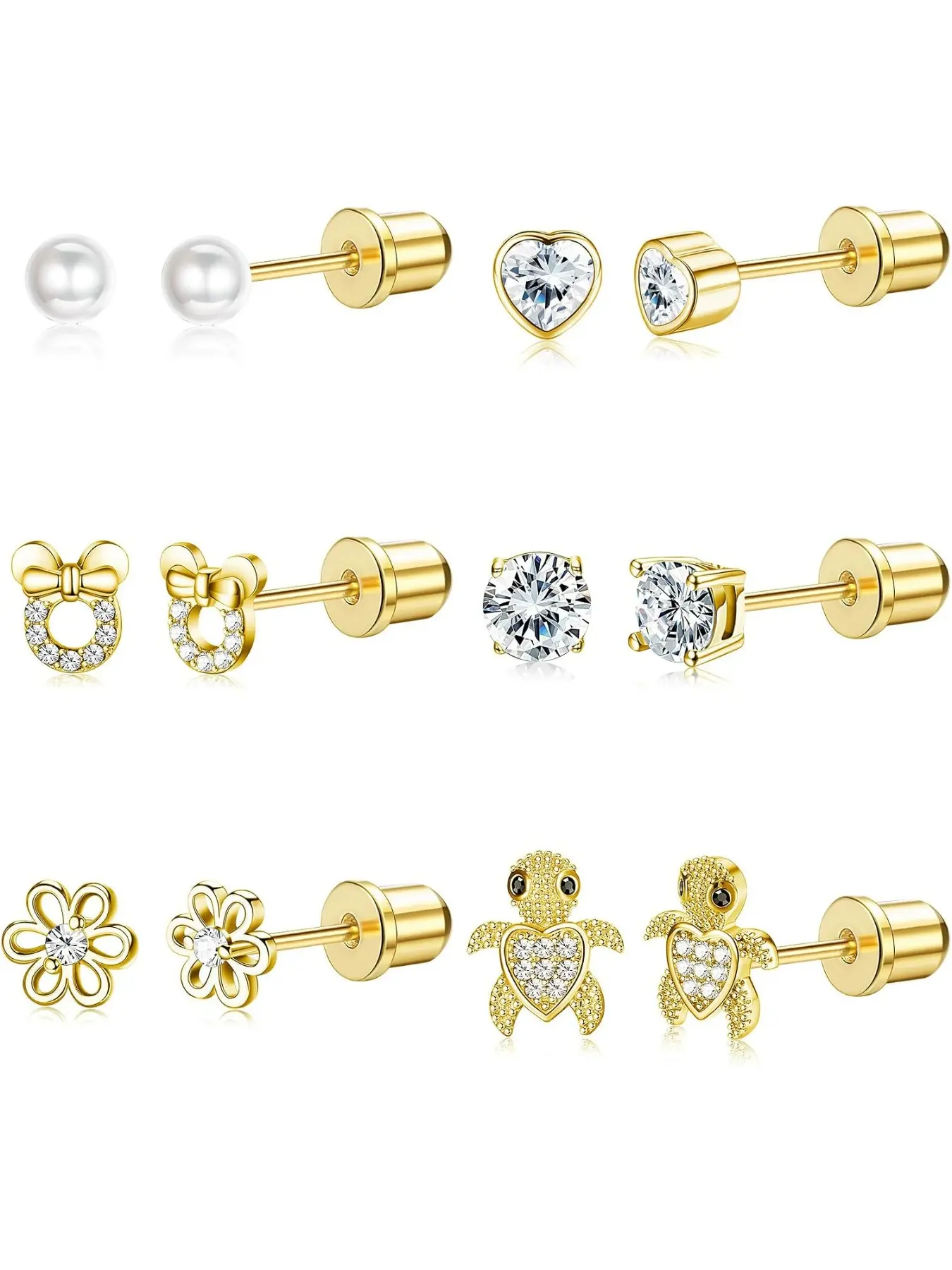Hypoallergenic Toddler Earrings for Girls Screw Back Studs 20G | 6 Pairs Screw Back Stud Earrings, 20G 6mm Post, Stainless Steel, CZ Heart Flower Bow Turtle, Pearl Ball, Girls Kids, Earring Set