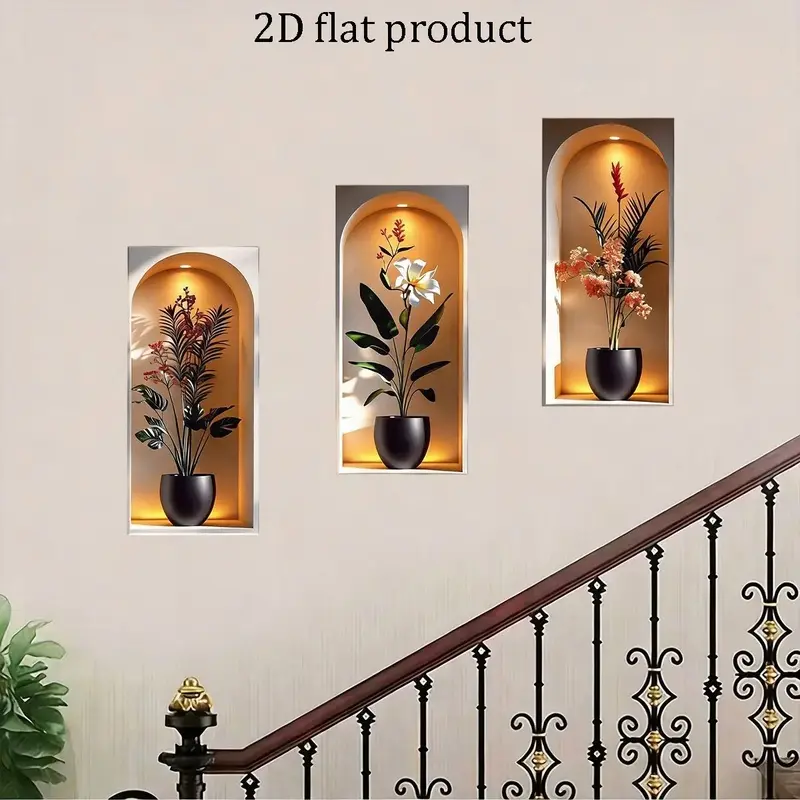 Elegant Tropical Plant Niche Wall Stickers, Decorative Sticker, Home Decor, Wall Art Stickers, Arch Display Window Theme Exotic Leaf Floral Fake Window Scene, Removable Self-Adhesive PVC Wallpaper, Sticker Decorations, Wall Decal, Flower Wall Stickers