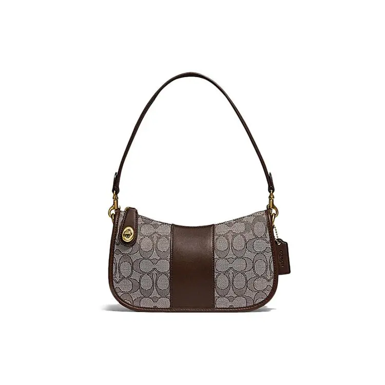 COACH Swinger Vintage-Style Satchel with Signature Turn-Lock Clasp, Jacquard-and-Leather Design, Women’s Crossbody, Shoulder, or Handheld Bag in Brown Verifiable, with credentials and supporting global authentication