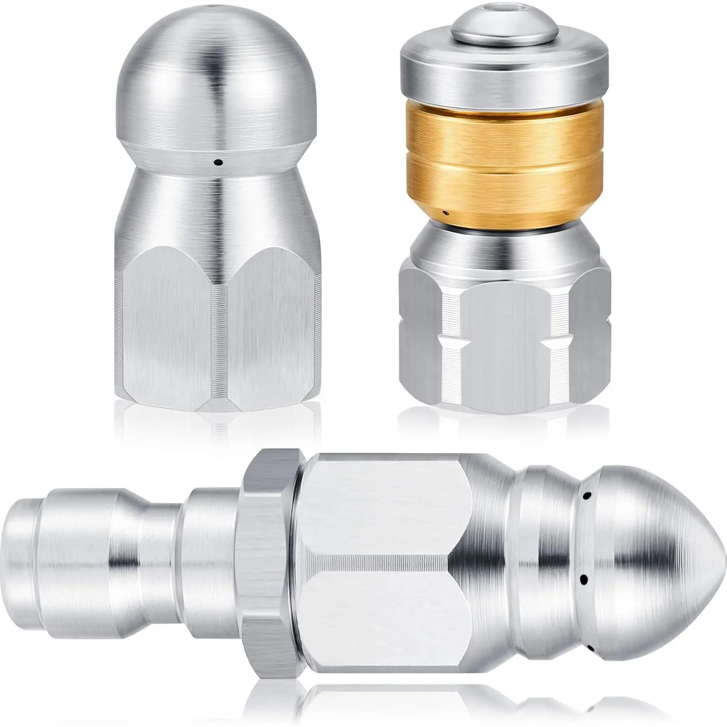 3 Pcs Pressure Washer Sewer Jetter Nozzle Kit Stainless Steel Rotating Button Nose Jet Nozzle with Different Model Pressure Drain Hose Spray Head  1/4'' Quick Connector, 5000 Psi