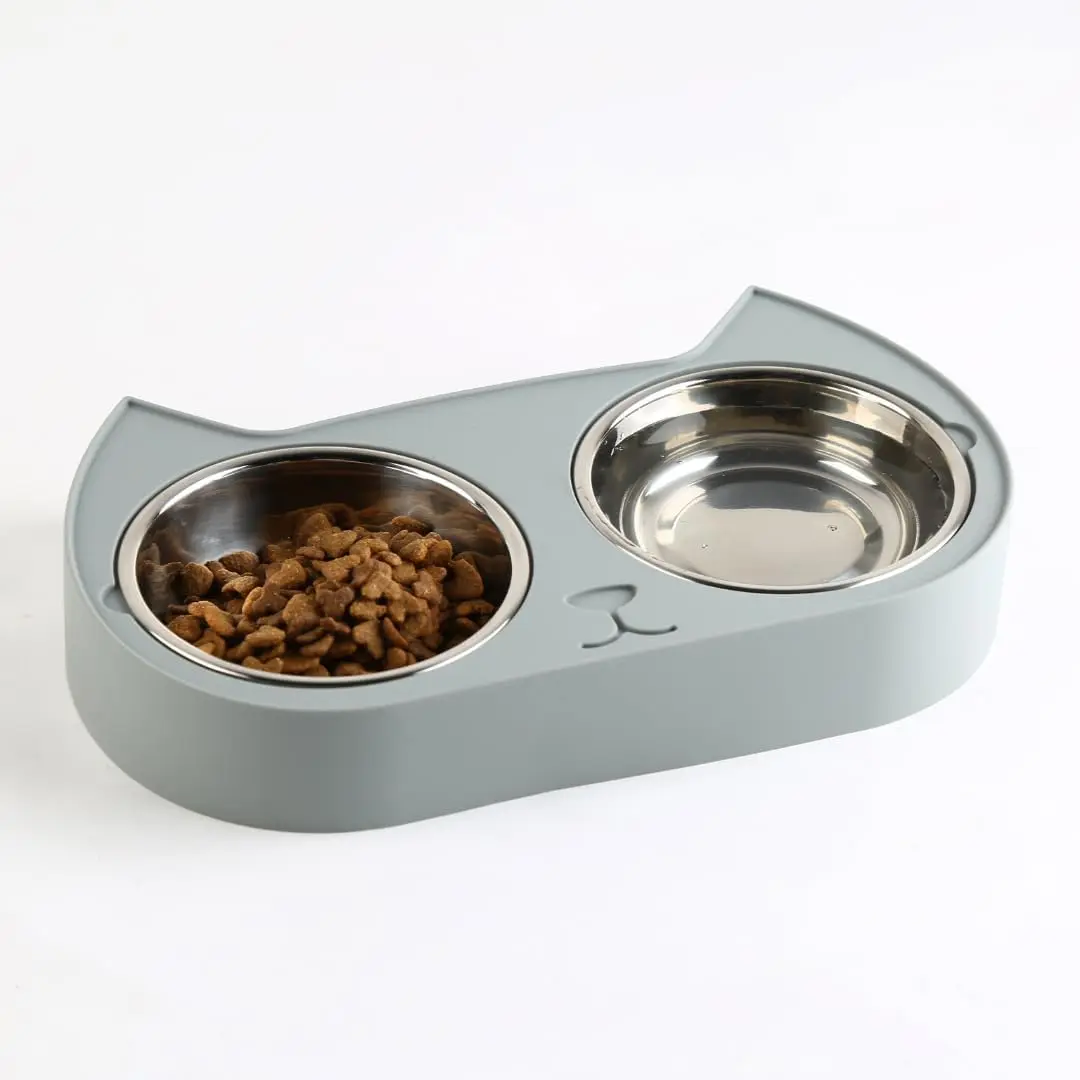 Cute Cat Bowls for Indoor Cats & Kittens – Double Stainless Steel Cat Food and Water Bowl Set, Pasco Silicone Feeding Station, 350ml Dishes for Wet & Dry Food