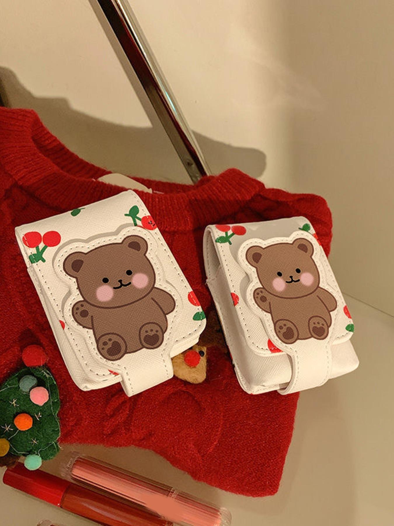 Father's Day Gifts, Cute Cartoon Bear & Cherry Pattern Makeup Bag with Mirror, Back To School, Portable Travel Makeup Bag, Cosmetic Storage Bag, Makeup Organizer Pouch for Women & Girls,