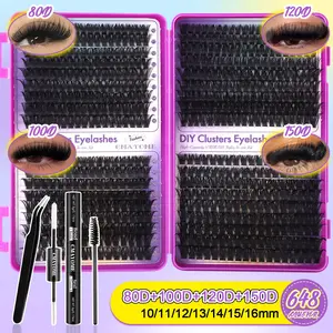 648/666/720 Clusters | D-Curl Fluffy Lashes | 10-16mm w/ Tutorial | DIY Kit + Glue & Tweezers | Reusable 3D Voluminous | Home, Travel, Daily, Party, Wedding – Platform Featured Product 🎯💖
