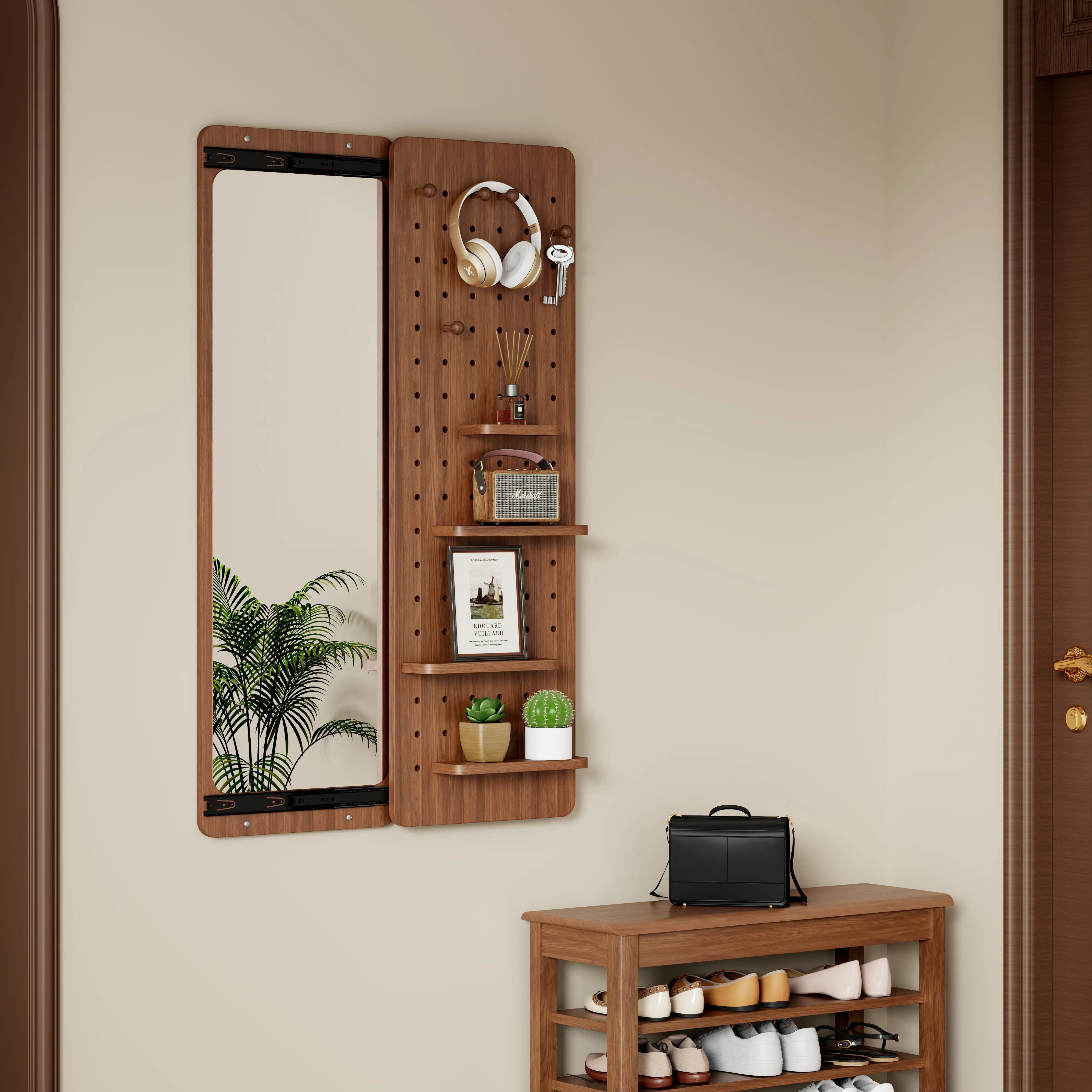 ARCH 47.6x15.7in Wall Mounted Full Length Mirror, Multi-Functional Design Panel Mirror, Space Saving Push Pull Mirror for Bedroom Living Room Entrance, Walnut Finish, Wall Hanging Dressing Mirror, Living Room Table for Sofa Side, Bedroom, Office