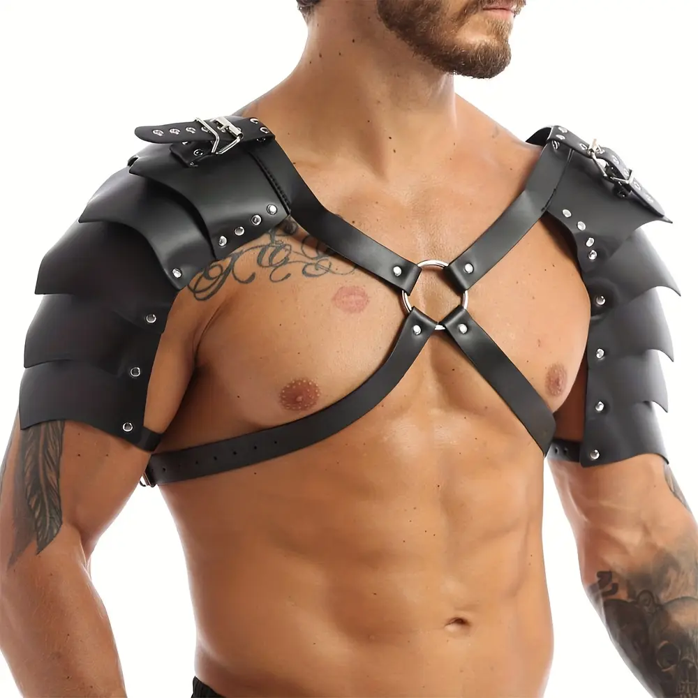 [Halloween] Medieval Viking Knight Faux Leather Adjustable X-Shaped Body Chest Harness, LARP Halloween Shoulder Armor, Party Cosplay Shoulder Cover for Ren Faire Costume