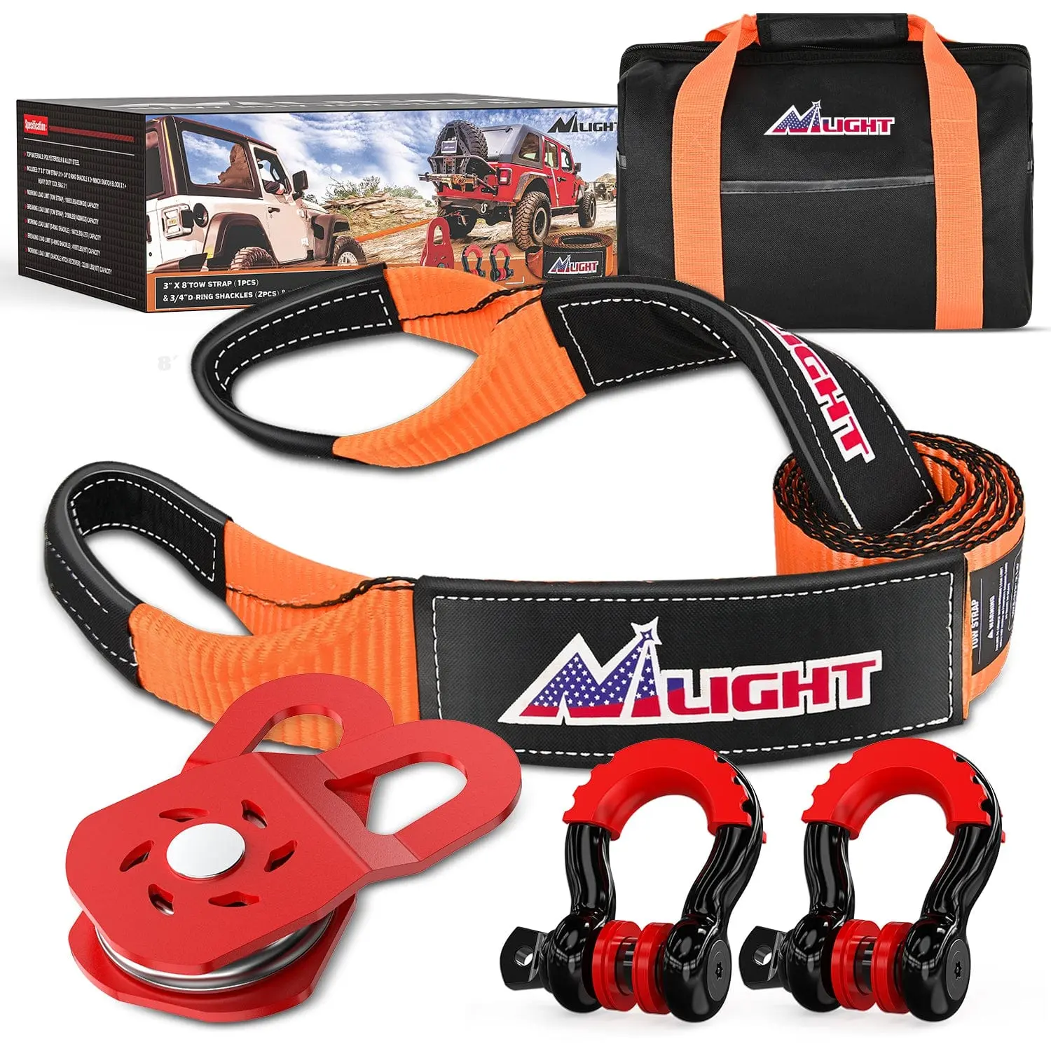 Nilight 3x8 In Tow Strap Kit - 20 In Winch Snatch Block Pulley, 31500lbs D-Ring Shackles, 2" Hitch Receiver, Hex Allen Key, Polyester Fiber, Anti-Theft Design, Warning Label for Automotive Emergencies