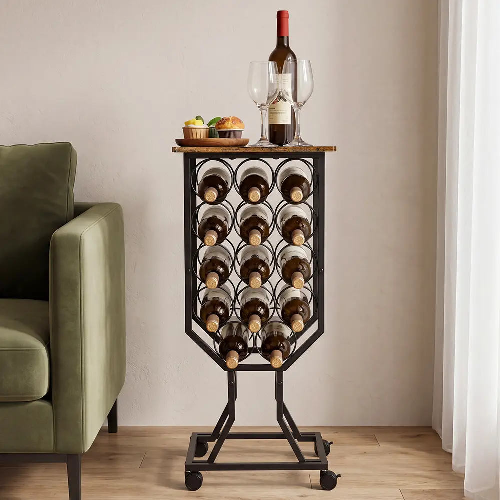 12-Bottle Freestanding Metal Rolling Wine Rack with Wood Table Top, Metal Frame, Caster Wheels, Single Unit for Home Bar, Kitchen Space-Saving Storage