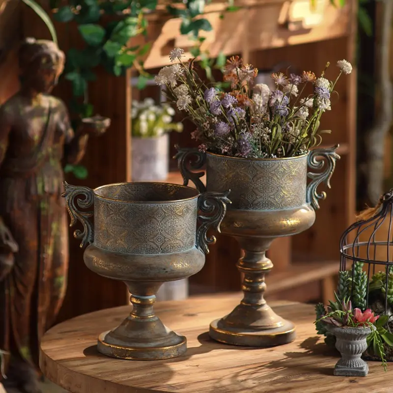 Vintage Metal Trophy Vase, Decorative Vase, Antique, Distressed Pedestal Flower Pot, French Rustic Urn Planter, Wedding Table Centerpiece, Home Garden Decor