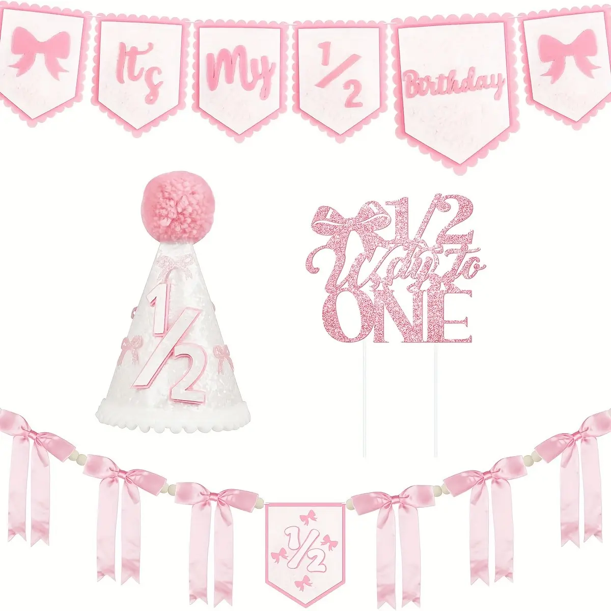 4pcs Blue Half Birthday Decoration Set, Bow Banner, Glitter Cake Decor, Ribbon Bow Wood Bead High Chair Banner, Half Birthday Hat