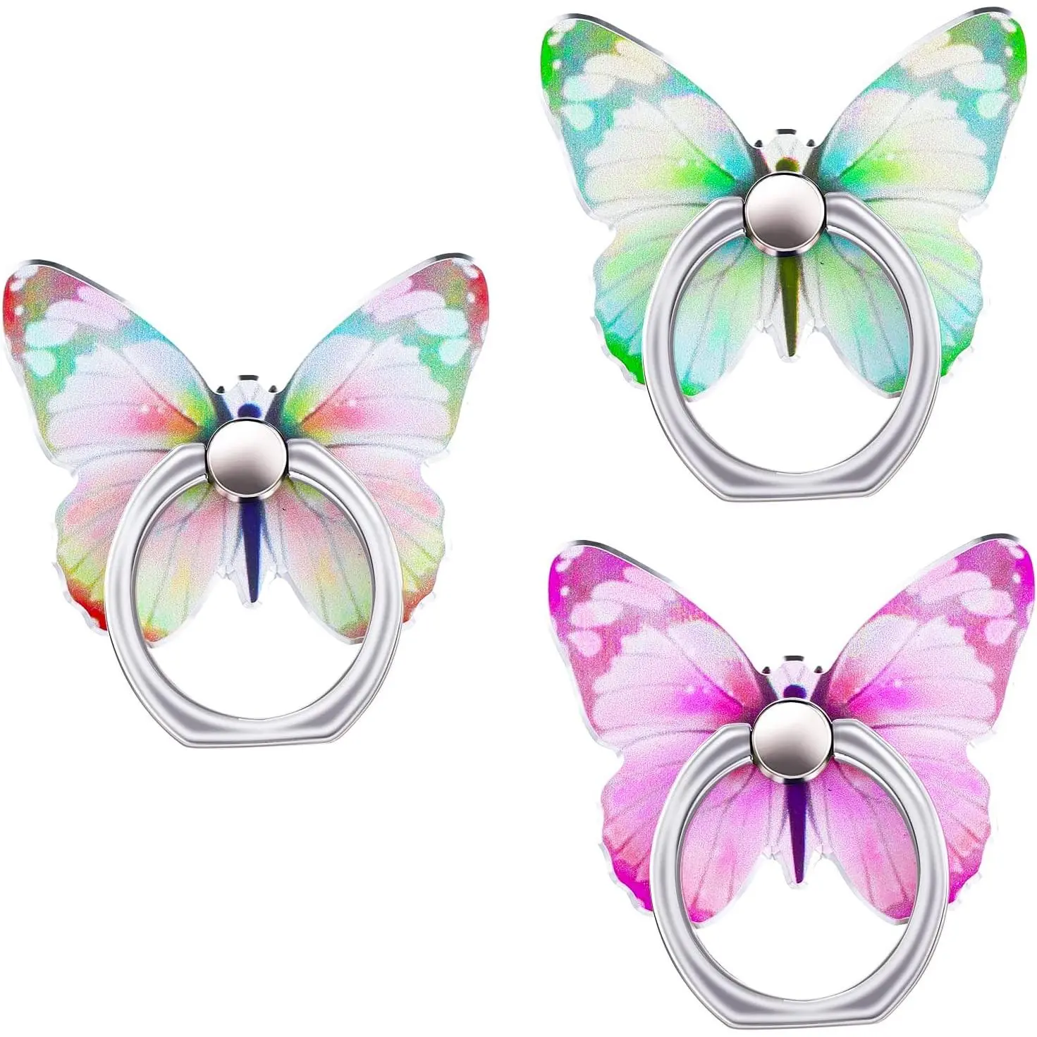 3 count Butterfly Cell Phone Ring Stand Holder, Cute Butterfly  Painted Metal Finger Stand Kickstand 360°Rotation Phone Ring Holder Stand Ring Hand Grip with Knob Loop (, Yellow, Green)