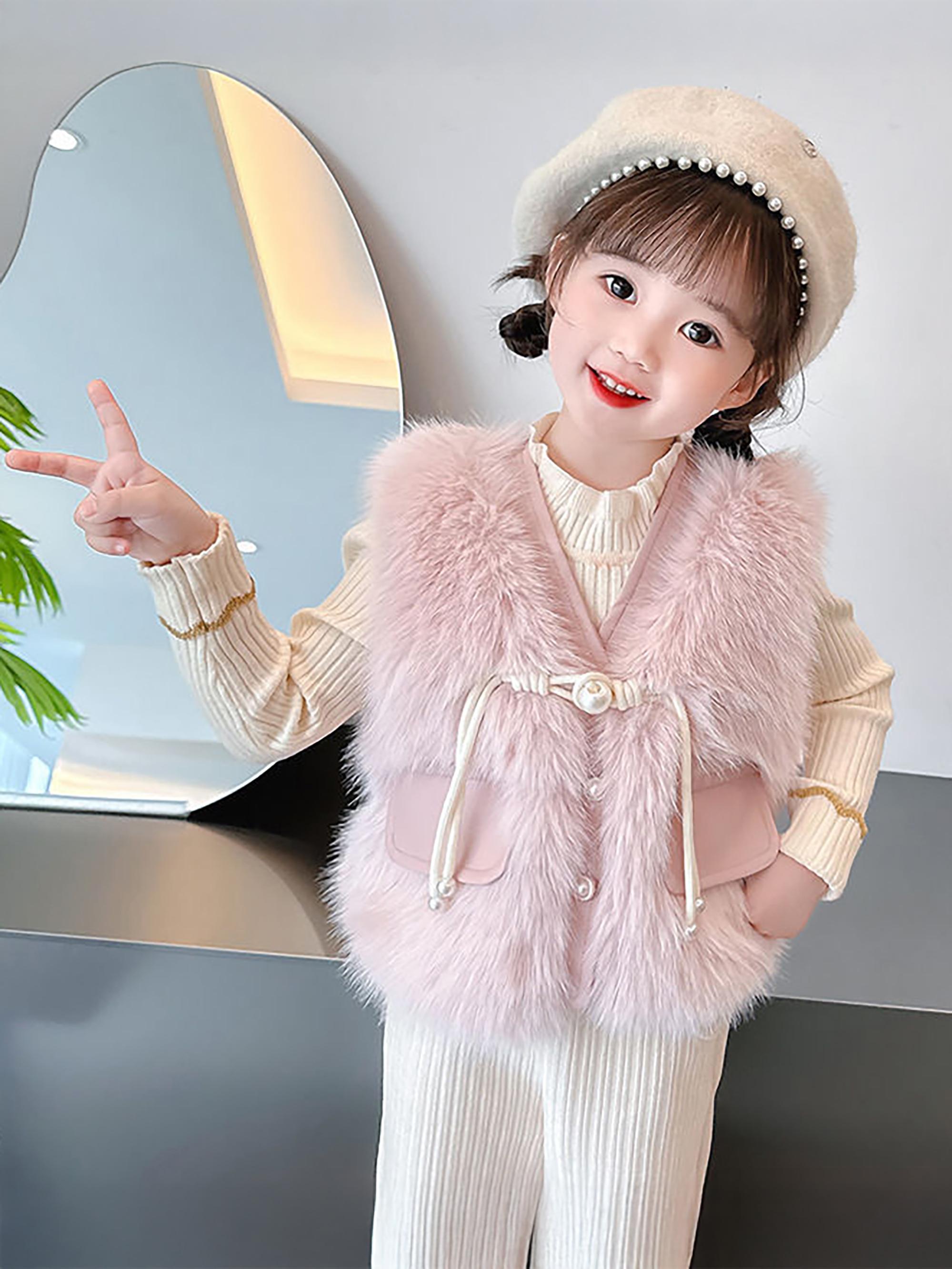 Girls' Thickened Winter Vest Jacket - Soft Pink Plush & Zipper Closure, Cozy Polyester Sleeveless Coat with Ruffled Collar & Waist Tie, Casual Elegant Outerwear for & Little Girls (Spring/Autumn) - Easy-Care Durable Design