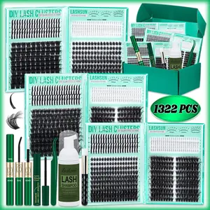 1322 Pcs D Curl Eyelash Clusters Set, Mixed 5-21mm 8 Styles Bottom/Spike/Mega/Cat/Volume Thick 3D Multi-Layered Lashes, Kit with Bond&Seal Remover Tweezers Lash Shampoo Brush, DIY at Home Easily, Easy Apply for Makeup Daily