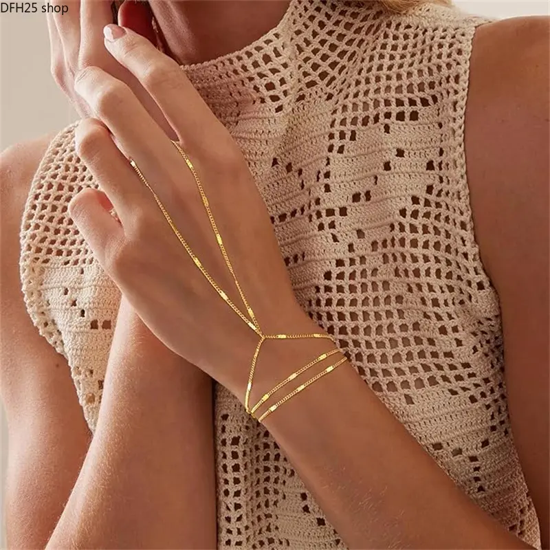 Layered Hand Chain Bracelet for Women, Gold Tone Finger Ring Chain with Delicate Bead Accents, Minimalist Jewelry for Daily Wear and Party Outfits