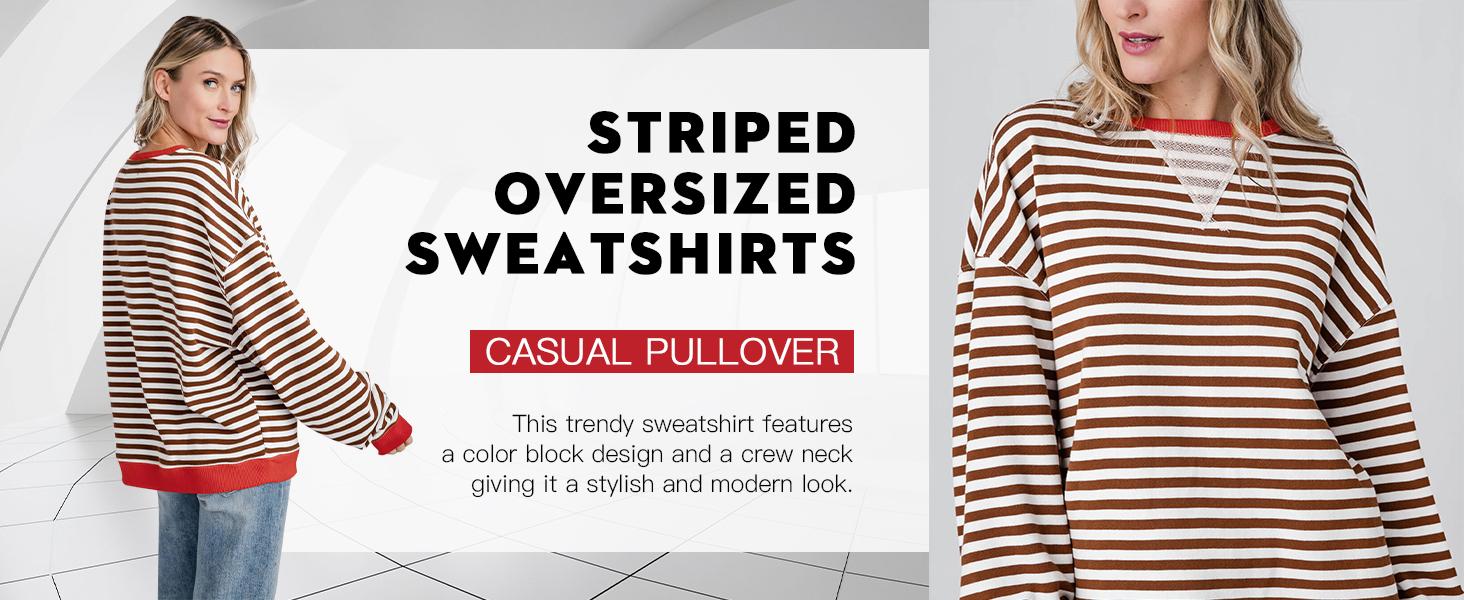 【Clearance】【Up To 3XL】 Imily Bela Womens Christmas Striped Oversized Sweatshirt Color Block Crew Neck Long Sleeve Shirt Casual Loose Pullover Top Y2K Clothes