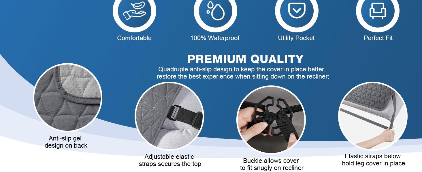 100% Waterproof Recliner Cover - Recliner Cover with Non-Slip Granule, Recliner Chair Covers with Elastic Band, Recliner Chair Covers for Reclining Chair(Dark Grey, Small-22'')