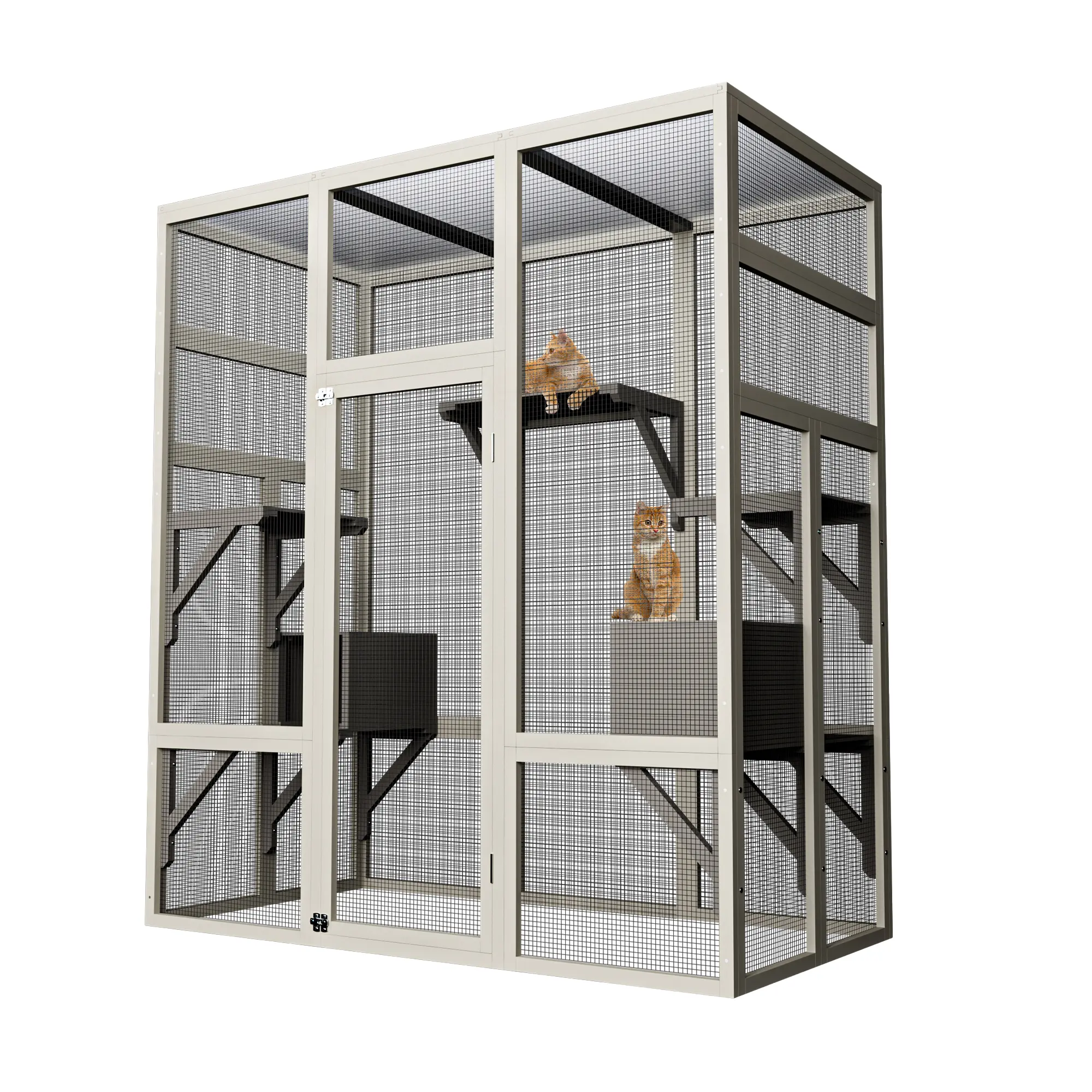 70" Walk-In Catio – Outdoor Wooden Cat Enclosure with Waterproof Roof, 5 Platforms & 2 Rest Boxes, Rust-Proof Mesh, Fits 6 Cats