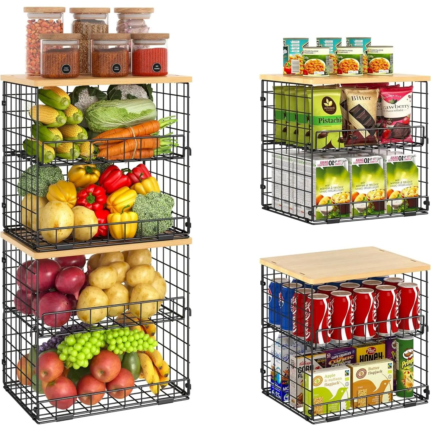 4 Pack Stackable Wire Baskets with Fixed Wooden Top for Pantry Storage, Fruit & Vegetable Bins for Onion Potato Snack Organizing, Kitchen Cabinet/Countertop