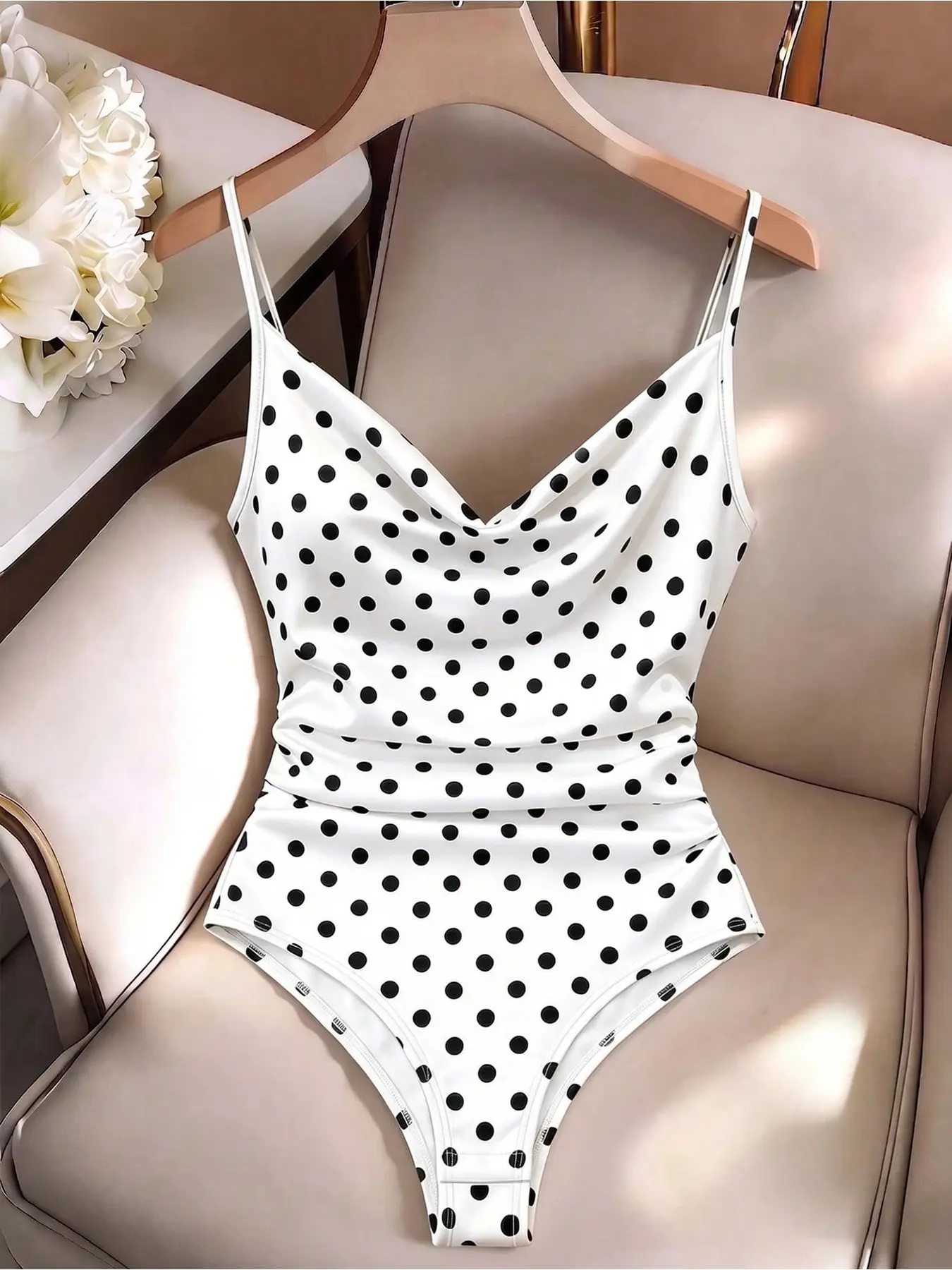 New Women's Vintage Polka Dot Bodysuit, Thin Strap with Waist Ruched Slim Fit Casual Design, Ideal for Daily Leisure, Street Shots, Dates, Check-in Outfits, Parties and Outdoor Outings