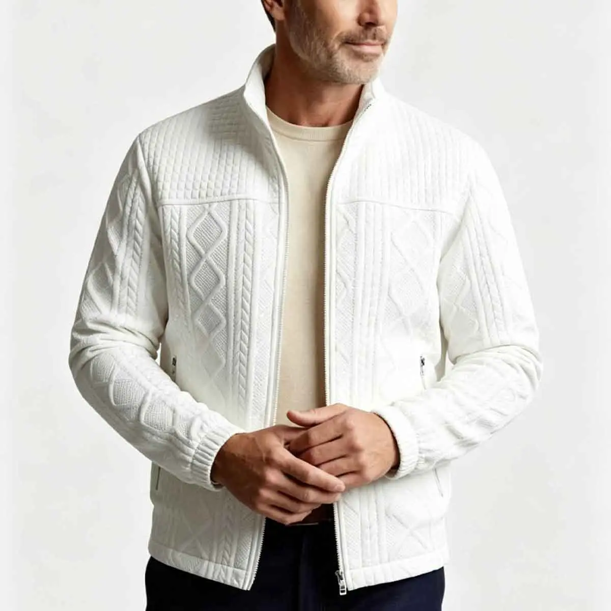 Men's white cable embossed texture zipper cardigan, stand up collar full zipper long sleeved jacket with zipper side pockets, elastic cuffs and loose hem casual jacket, minimalist jacket for daily commuting travel, autumn and winter fashion soft cable pat
