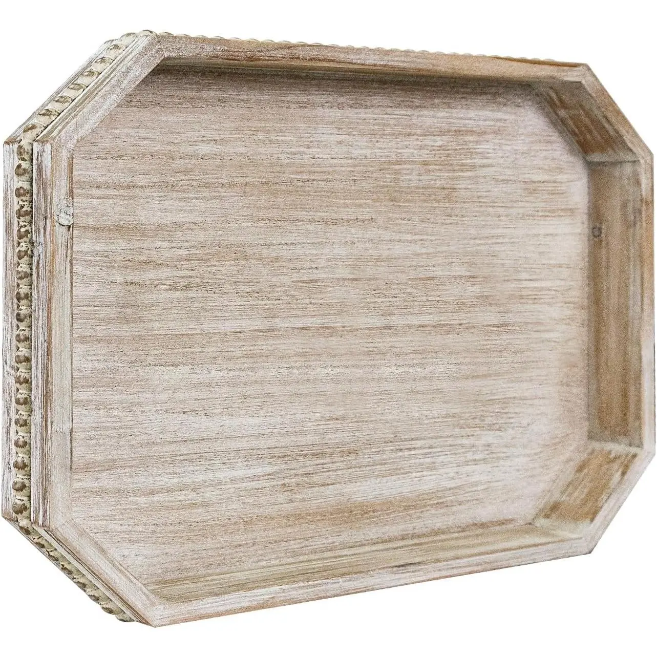 Rustic Wooden Decorative Serving Tray with Wood Bead, 16.5" x 13" x 1.6" White Washed Big Tray for Ottoman, Countertop, Coffee Table