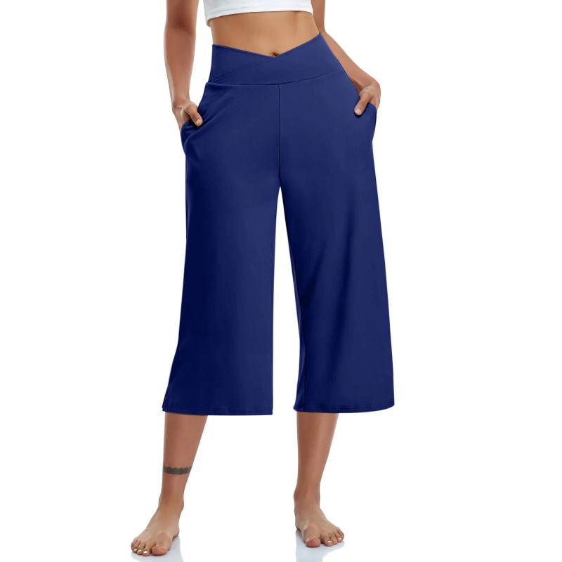 Women  Elastic High Waist 3/4 Pant Casual Active  Fit Wide Capris Leg Pants Trousers With Pockets Pants for Women Womens Pants Girl Fashion Blue Red