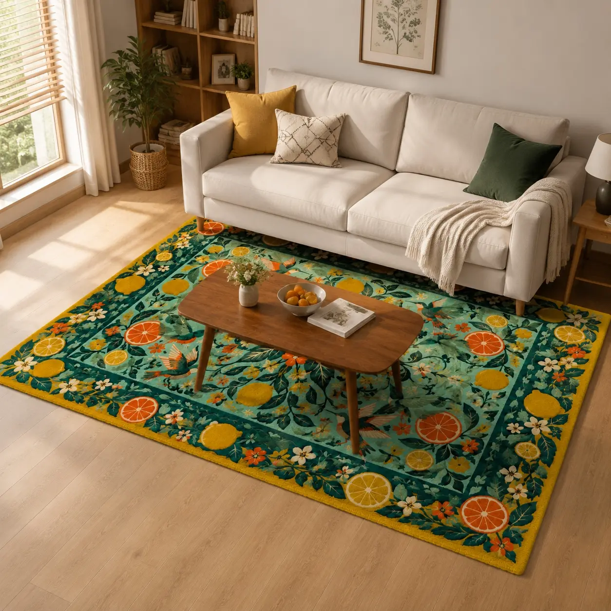 Long Pile Faux Cashmere Floral Birds and Lemon Pattern Rug Machine Washable Non-Slip for Living Room Bedroom