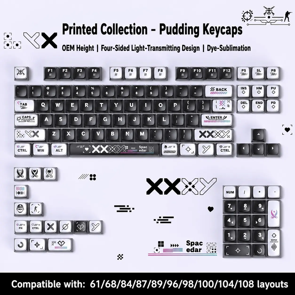 Aula DIY Keycaps, PBT+PC Material, Heat Transfer Printing, Ergonomic Design, Oem Height, Compatible with Multiple Keyboard Layouts