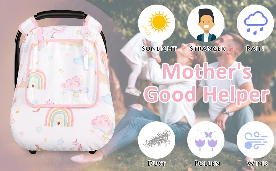 Baby Carseat Cover Girls, Pea Pod Unicorn Infant Car Seat Covers Canopy for Newborn with 2 Layers Windows of Breathable Mesh/Fabric, Lightweight Polyester/Minky Dot Backing, Snug Fit