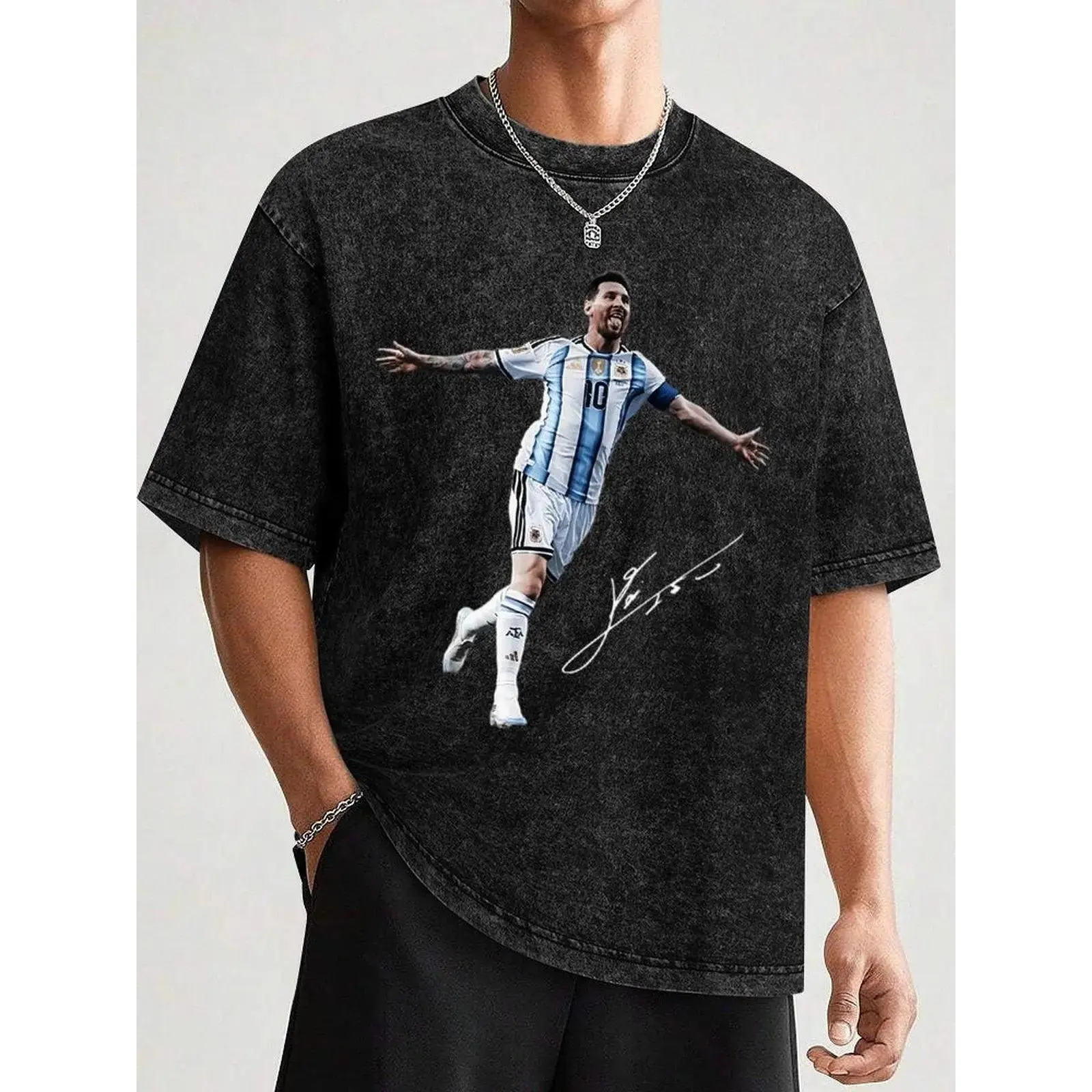 Men's Messi #10 Argentina Legend Round Neck Shortsleeve Cotton T-Shirt - Sporty, Stylish, Classic Vintage Washed Oversized Graphic Tee, Casual Streetwear Sportswear Gift for Football Fans, Menswear, Top