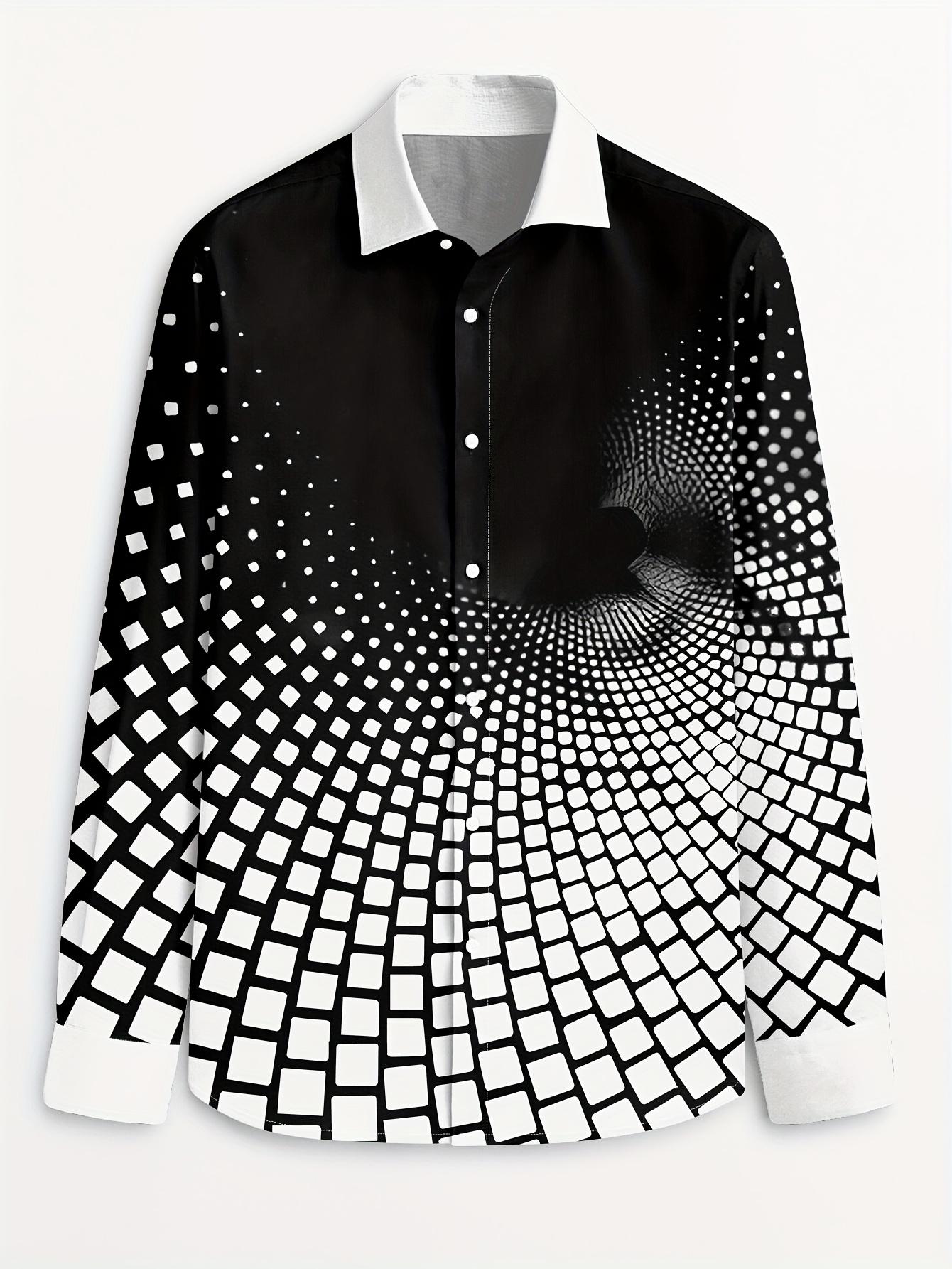 Men's Stylish Black & White Geometric Print Button-Up Shirt - Breathable Long Sleeve Casual Dress Shirt for Spring/Fall, Polyester Fabric, Eye-Catching Design, Autumn Fashion Top |     Modern Casual Shirt |     Smooth Texture Shirt233