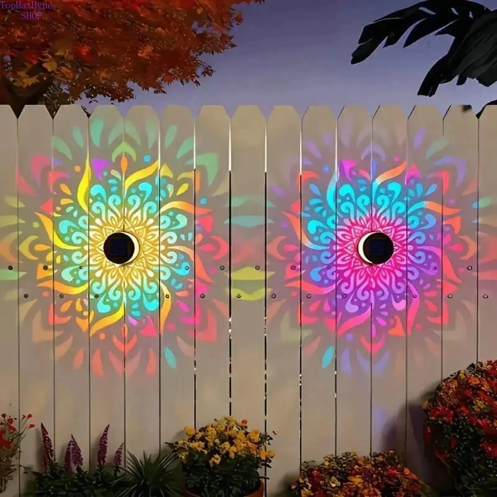 Mandala Projection Solar Lamps, 2-Pack Decorative Waterproof Metal Sconces for Backyard and Patio Nighttime Lighting, Patio Lighting, Outdoor Landscape Lighting