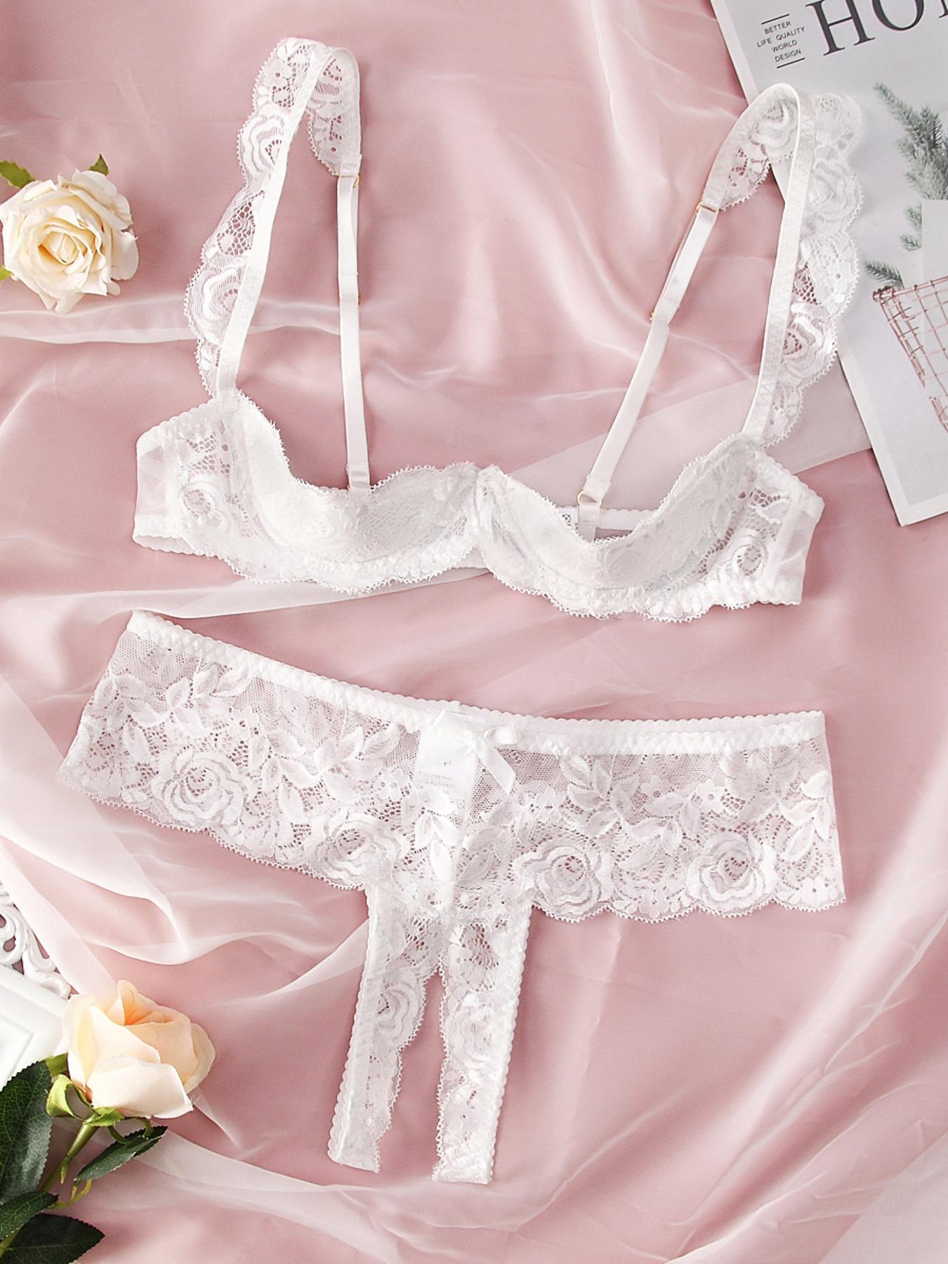 Women's Solid Adjustable Strap Bra & Thong Set, Sexy Casual Feminine Soft Comfy Breathable Floral Lace Lingerie Set for Daily Wear, Ladies Underwear Set for All Seasons, Everyday