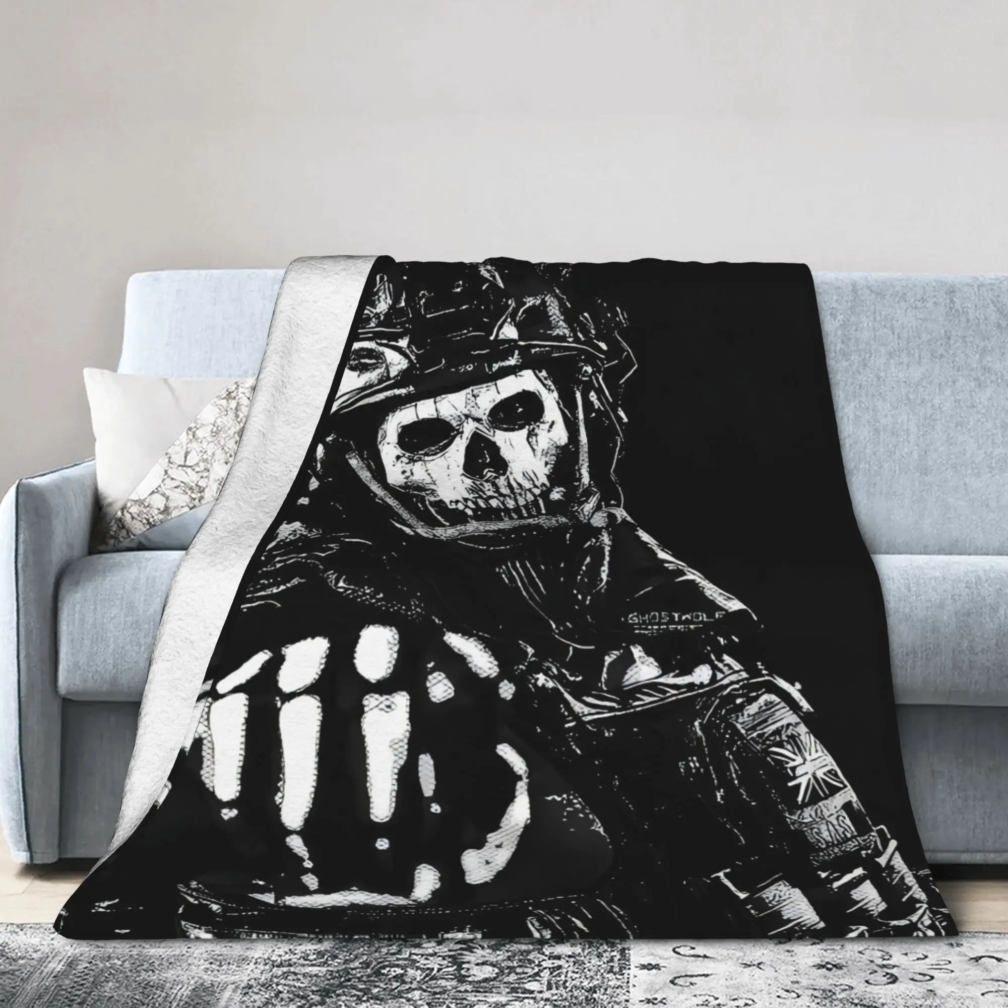 villager blanket ,COD Ghost Reaper Digital Printing Blanket - Retro Vintage, 280GSM, Black & White Gaming Theme with Skull Motif & Tactical Gear,Machine-Washable Soft Throw, Durable Sofa Bed Cover for Nap Time All-Season Coziness