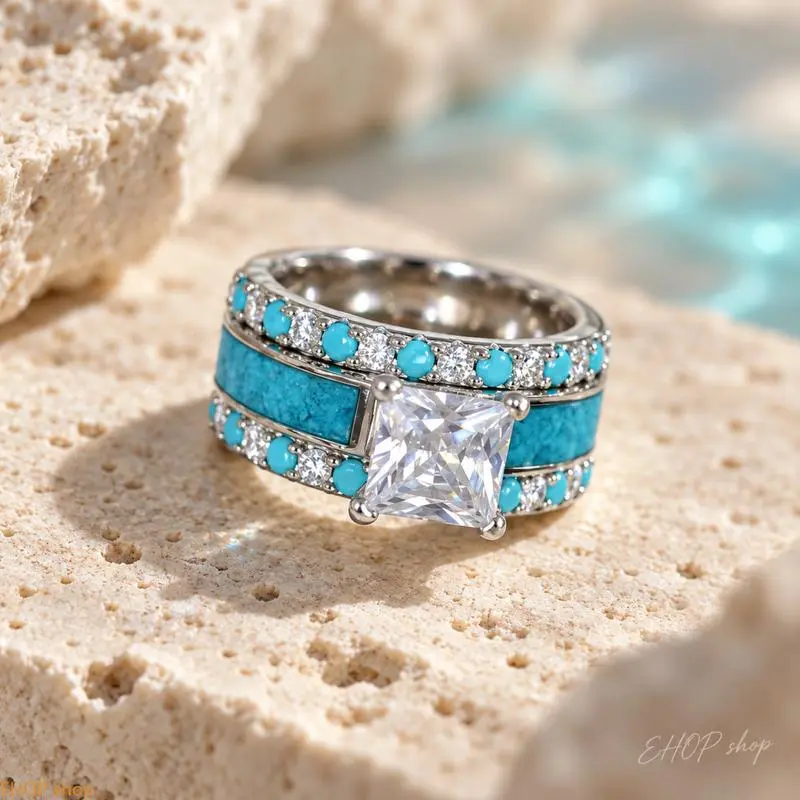 Women's Turquoise Blue Statement Ring, Western Boho Princess Cut Ring with Cubic Zirconia Accents, Vintage Silver-Tone Wide Band Fashion Jewelry for Everyday Wear, Parties and Gift Giving