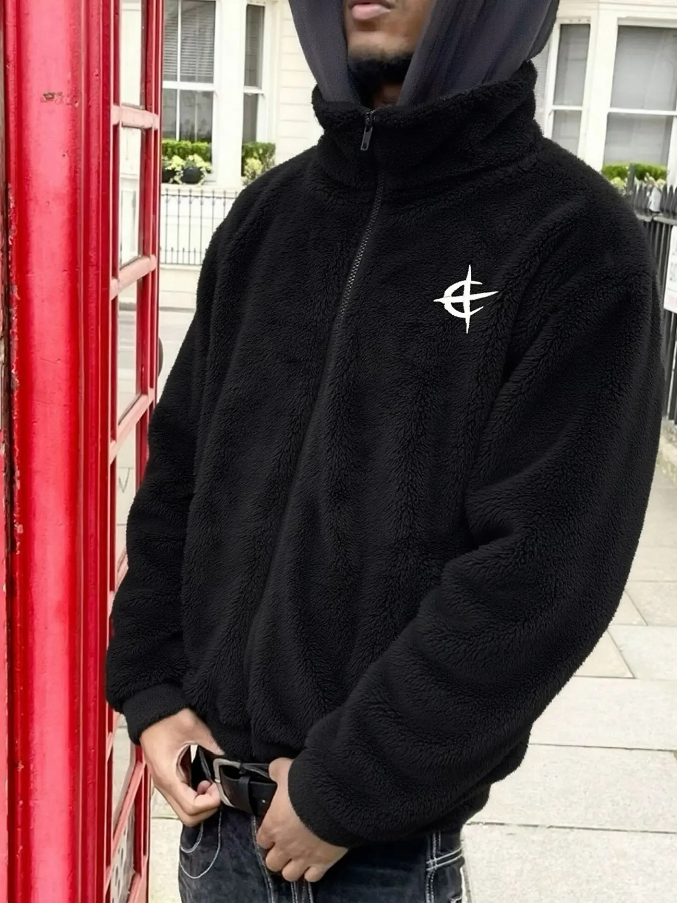 High Neck Zipper Fleece Pullover Top, Minimal Gothic Logo Embroidery, Thermal Casual Sweatshirt For Male Skate City Street Lifestyle