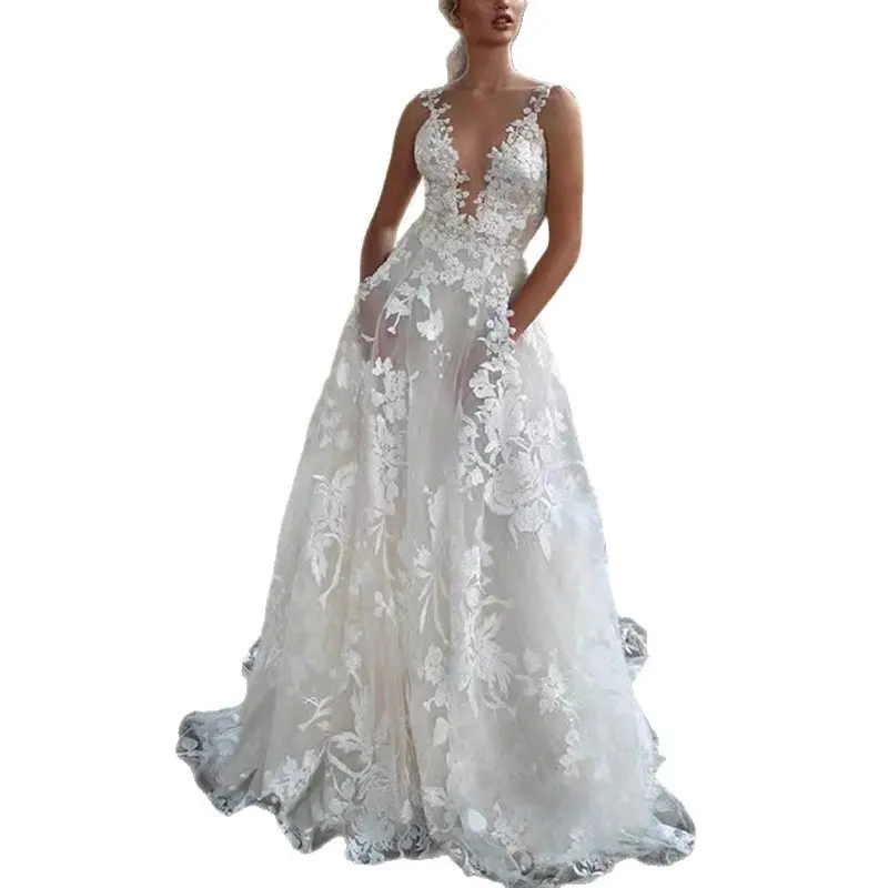 Women 2026 White Spaghetti Strap Lace Puffy Skirt Bridal Wedding Dress Sexy Elegant Bridesmaid Gown For Wedding Ceremony Photoshoot Bachelorette Party Formal Banquet,Floral