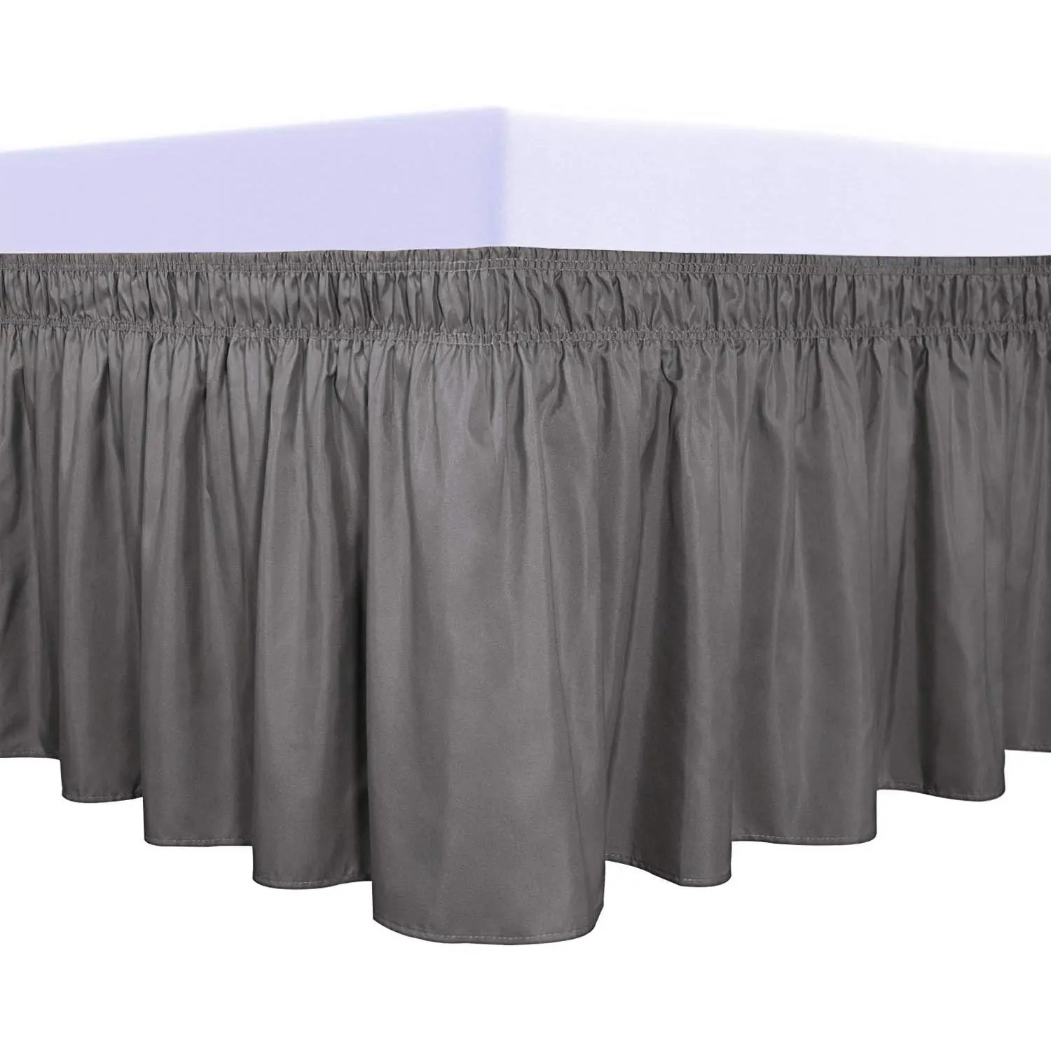 Wrap Around Ruffled Bed Skirt with Elastic Belt - 14 Inch Drop Easy to Put On, Wrinkle Free Bedskirt Dust Ruffles, Bed Frame Cover for Queen, King and C-King Size Beds, Dark Gray