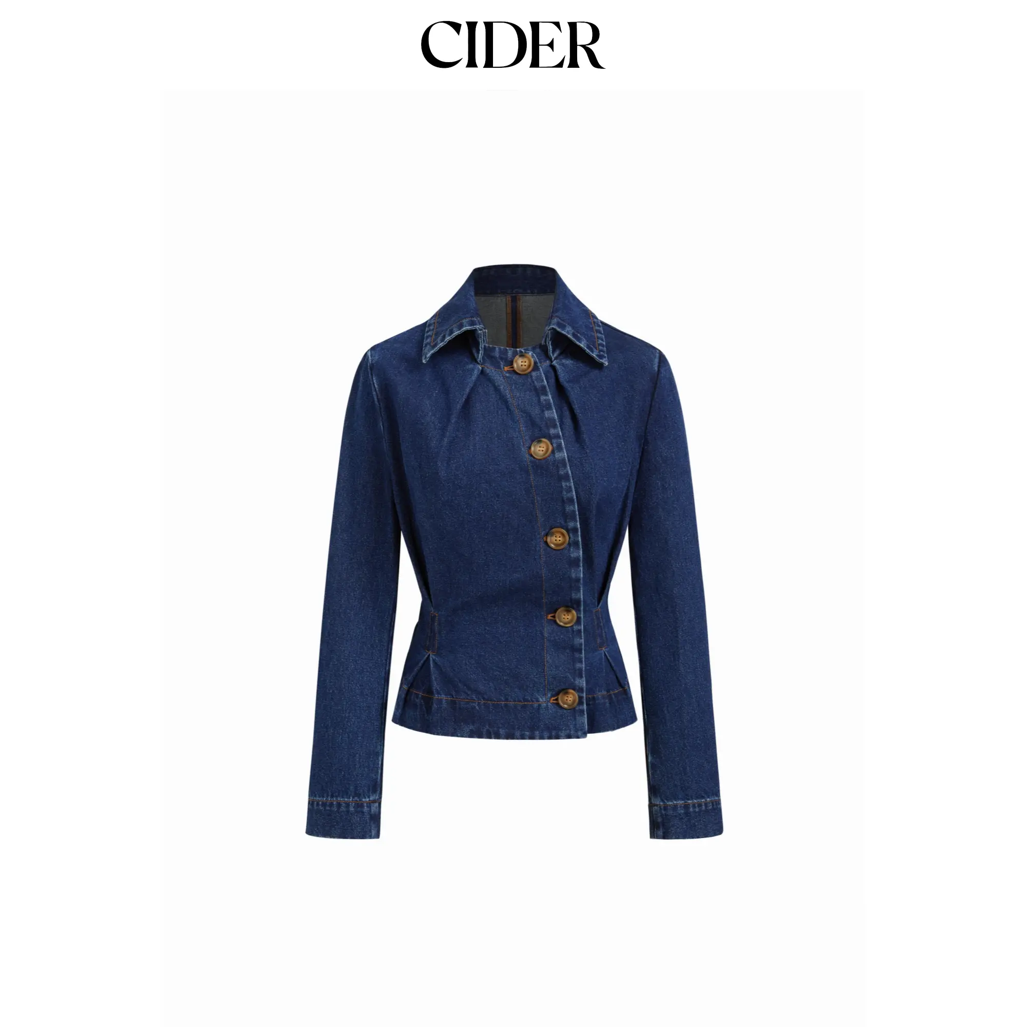 Cider Denim Collar Asymmetrical Button Cinched Waist Jacket SohoChic