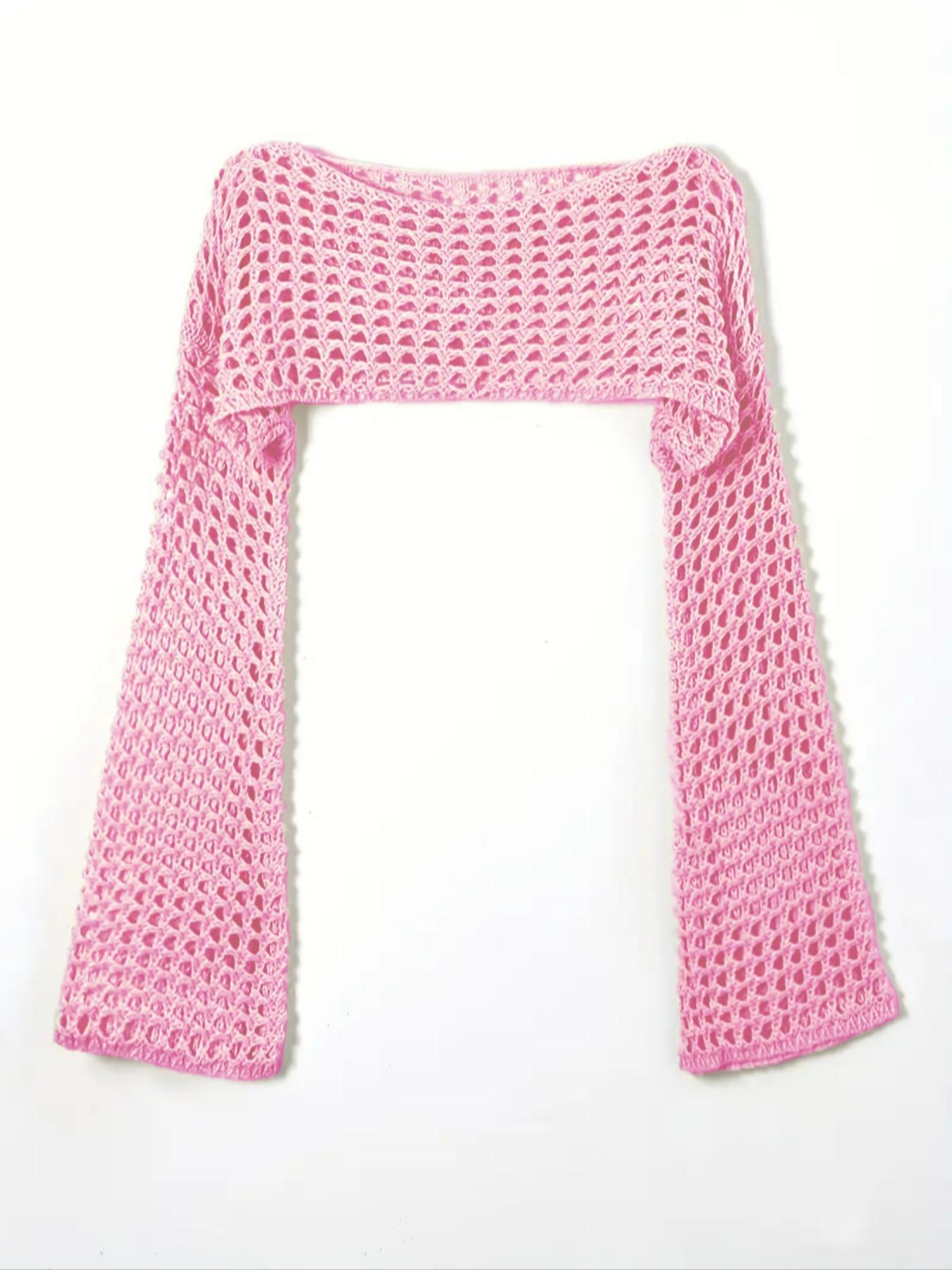 Women's Y2K Plain Hollow Out Flounce Sleeve Super Crop Cover Up, Casual Long Sleeve Boat Neck Knit Top for Daily Wear, Ladies Clothes for Fall