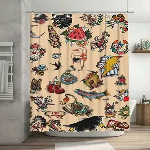 Vintage Tattoos, Stylish Design Shower Curtain With Hooks, Detachable Bathroom Curtain, Wet & Dry Separation Liner, Polyester Bathtub Divider, Bathroom Decor Accessory